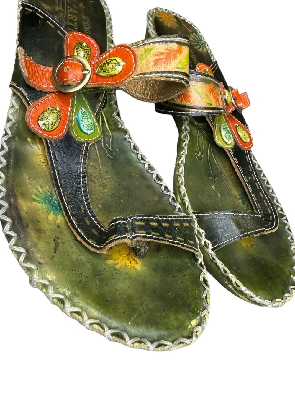 L'ATISTE Green Leather Boho Sandals with Orange Floral Accents